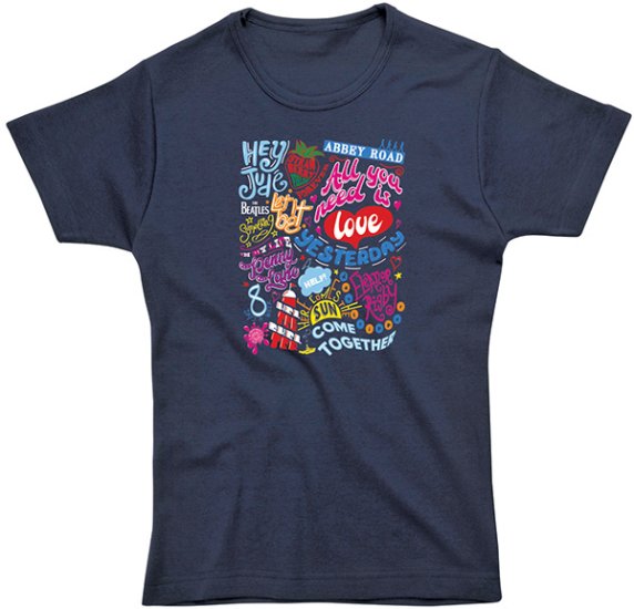 LADIES BEATLES SONG TITLES NAVY TEE - Click Image to Close