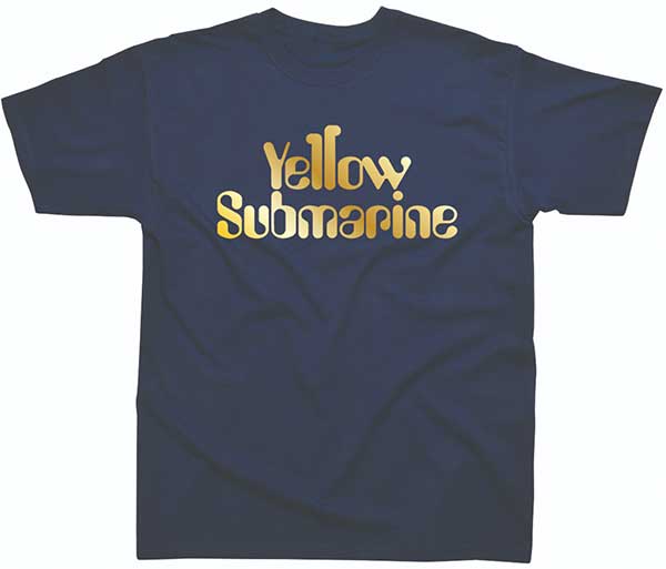 YELLOW SUBMARINE GOLD LETTERING ON A BLUE TEE - Click Image to Close