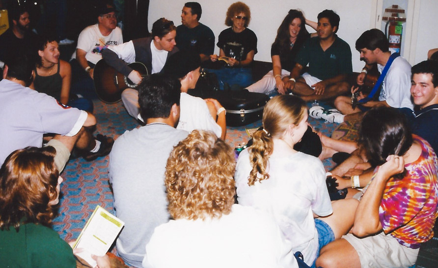 The fans have a sing-along under the stairs, a FEST tradition – Chicago `98